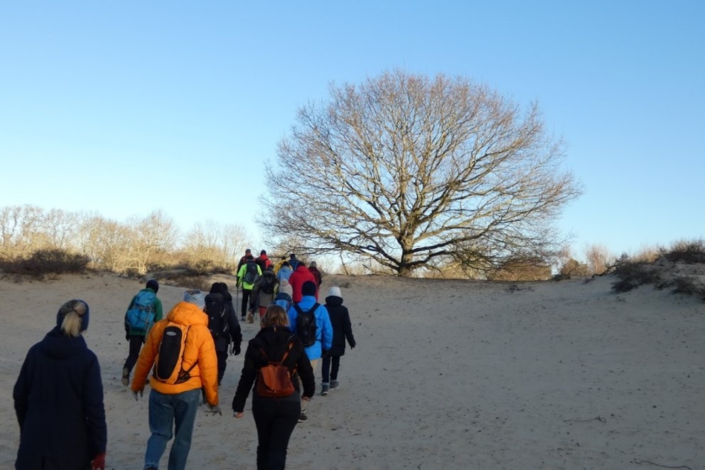 groep wandelaars in winterkleding in de duinen